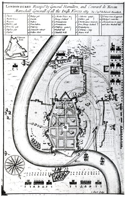 Londonderry Belejret af General Hamilton og Conrad de Rosen, indgraveret af J. Sturt, 1689 af Captain Archibald Maculloch