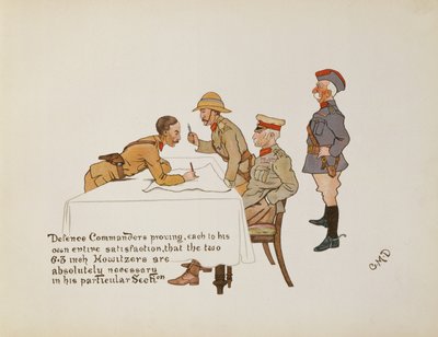 Forsvarskommandører beviser, at de to 6,3 tommer Howlitzere er absolut nødvendige i hans særlige sektion, fra The Leaguer of Ladysmith, 1900 af Captain Clive Dixon