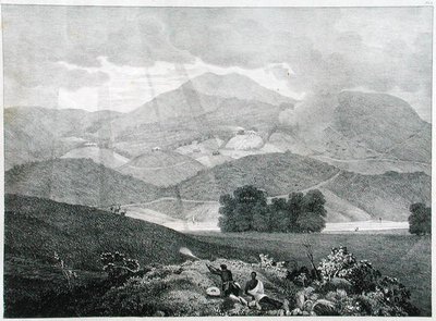 Udsigt over en del af søen og hytterne ved Ottacamund, Neelgherry Mountains, plade 3 fra View of the Neilgherries, eller Blue Mountains of Coimbetoor, Southern India af kaptajn McCurdy, udgivet 1830 (li af Captain E. A. after McCurdy