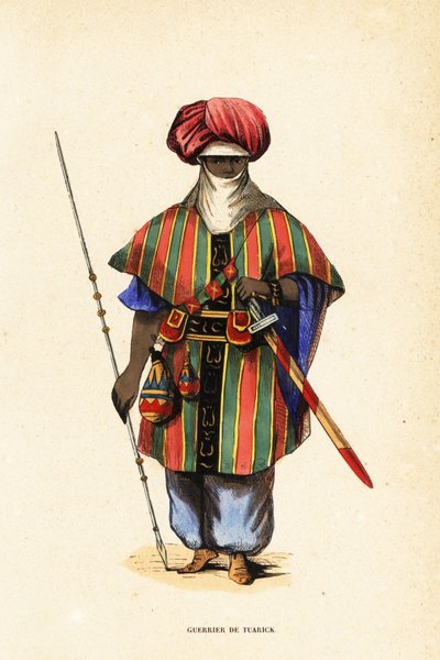 Ædel Tuareg-kriger fra Agadez, Niger, i tagelmust (turban og slør), taktkat (skjorte) og akarbey (bukser) af Captain George Francis (after) Lyon
