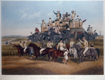 Hog Hunting: The Find, indgraveret og pub. af Mrs Fores, ca. 1840 (farvet gravering) af Captain John (after) Platt