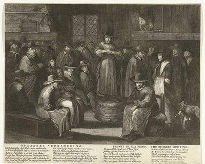 Tegneserie af de engelske kvækere, ca. 1656 Quaaker Meeting / Fronti Nulla Fides / The Quakers Meeting (titel på objekt) af Carel Allard