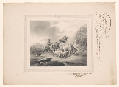 Landmand med sine dyr på flugt fra en orkan The Hurricane (titel på objekt) af Carel Christiaan Antony Last