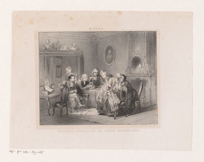 Joseph-Ignace Guillotin ser på en miniature af en guillotine Doktor Guillotin og hans opfindelse (titel på objekt) af Carel Christiaan Antony Last