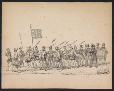 Masquerade of the Utrecht Students, 1846 (Tavle 22) Afbildning af den udklædte procession, der forestiller Filip II, Prins af Spaniens procession i Utrecht, 3. oktober 1549, afholdt 17. juni 1846 af H.H. Studerende fra Utrechtsche af Carel Christiaan Antony Last
