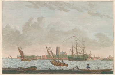 Dordrecht fra Merwede, ca. 1790 Dordrecht van de Merwe udstillet / La ville Dordrecht - prize du coté dela riviere dite la Merwe (titel på objekt) af Carel Frederik Bendorp (I)