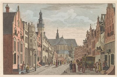 Langestraat i Alkmaar, ca. 1790 Langestraat, Rådhuset og Grote Kerk i Alkmaar / Rue longue - Hotel de Ville - et grande Eglise à Alkmaar (titel på objektet) af Carel Frederik Bendorp (I)