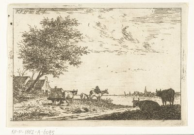 Flodlandskab med landmand og køer på gården Landskaber (serietitel) af Carel Frederik Bendorp (I)