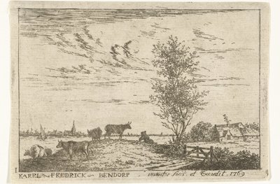Titelprint med flodlandskab med køer Landskaber (serietitel) af Carel Frederik Bendorp (I)