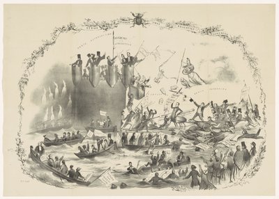 Tegneserie, der skildrer Thorbeckes planer om at afskaffe Utrecht University of Applied Sciences, 1863 En kamp mellem to kraftfulde elementer (titel på objekt) af Carel Hendrik Thiebout