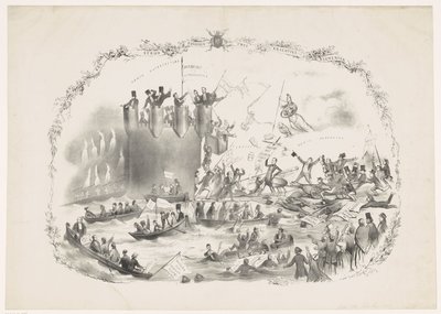 Tegneserie, der skildrer Thorbeckes planer om at afskaffe Utrecht University of Applied Sciences, 1863 En kamp mellem to kraftfulde elementer (titel på objekt) af Carel Hendrik Thiebout