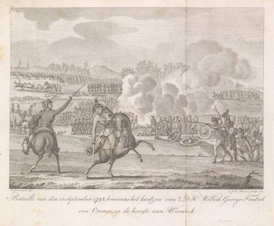 Prins Frederik er såret i Wervik, 1793 Bataille af 13. september 1793, foruden at såre H.D.H. Willem George Fredrik af Orange, på forkant med Werwick (titel på objekt) af Carel Jacob de Huyser