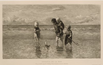 Fire børn leger med en legetøjsbåd på stranden i lavt havvand Havets børn Enfants de la mer (titel på objekt) af Carel Lodewijk Dake