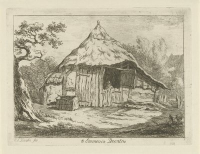 Stuehus med åben overdør Te Emmen i Drenthe (titel på objekt) Landskaber (1-6) (serietitel) af Carel Lodewijk Hansen
