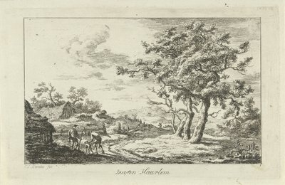 Jægere med en hund på sporet Buyten Haarlem (titel på objekt) Landskaber (a-f) (serietitel) af Carel Lodewijk Hansen