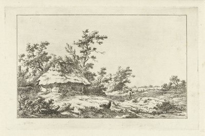 Mand med en rive ved en lade Landskaber (A-F) (serietitel) af Carel Lodewijk Hansen