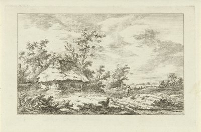 Mand med en rive ved en lade Landskaber (A-F) (serietitel) af Carel Lodewijk Hansen