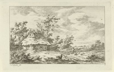 Mand med en rive ved en lade Landskaber (A-F) (serietitel) af Carel Lodewijk Hansen