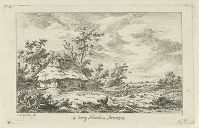 Mand med en rive ved en lade For høj Haale i Drenthe (titel på objekt) Landskaber (A-F) (serietitel) af Carel Lodewijk Hansen