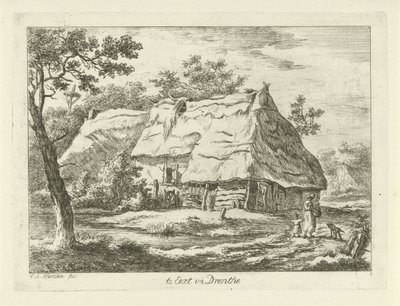 Kvinde med barn på en gård Te Eext i Drenthe (titel på objekt) Landskaber (1-6) (serietitel) af Carel Lodewijk Hansen
