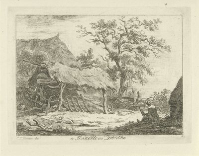 Siddende figur ved en lade Te Tinaerlo i Drenthe (titel på objekt) Landskaber (1-6) (serietitel) af Carel Lodewijk Hansen