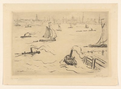 Flod med skibe nær en by af Carel Nicolaas Storm van 