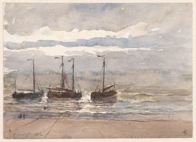 Fiskerskibe på stranden i Katwijk ved stigende tidevand af Carel Nicolaas Storm van 