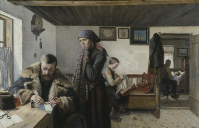 Visite a domicile du docteur - Doctor Home Visit, af Aspelin, Karl (1857-1932). Olie på lærred. Mål: 137,5x212 cm. Nationalmuseum Stockholm af Carl Aspelin