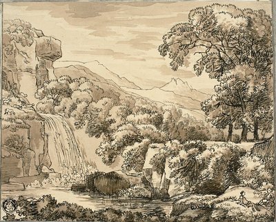 Bjerglandskab med vandfald og figurer af Carl August Lebschee