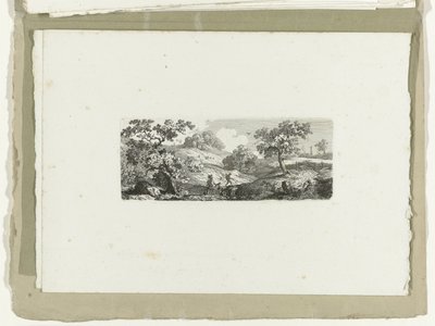 Rejsende ved en å i et bakket landskab Seksten landskaber (serietitel) af Carl August Lebschee