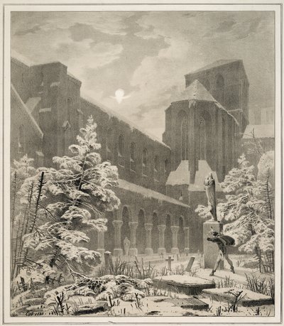 Kirke og kirkegård i sneen ved måneskin af Carl Blechen