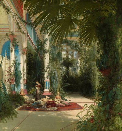 Tysk: Das Innere des Palmenhauses auf der Pfaueninsel bei Potsdam Det indre af palmehuset på Pfaueninsel nær Potsdam af Carl Blechen