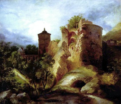 Tysk: Der gesprengte Turm des Heidelberger Schlosses Det sprængte tårn på Heidelberg Slot af Carl Blechen