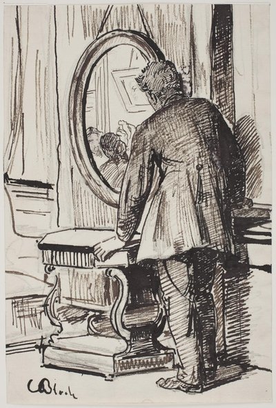 En ung mand betragter tre kvinder i et spejl af Carl Bloch