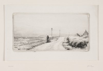 Landevej med spadserende dame. Solskinseftermiddag af Carl Bloch