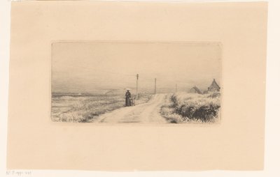 Landevej med gående dame og barn af Carl Bloch