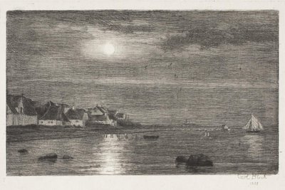 Strandparti ved Hellebæk. Måneskin af Carl Bloch