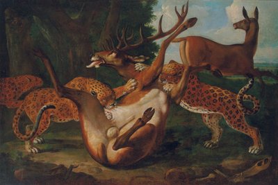 Leoparder angriber hjorte i et landskab af Carl Borromaus Andreas Ruthart