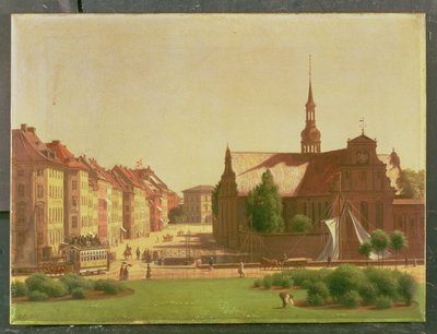 Slotspladsen og Holmens Kirke, fra et vindue på Christiansborg Slot, i København, 1866 af Carl Christian Constantin Hansen