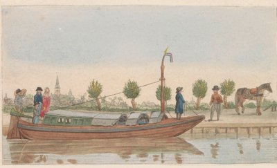 Slæbepram, 1824 En hollandsche trek eller Jaagschuit / Une barque de tracte, servante au transport de voyageurs et marchandises en hollande (titel på objektet) af Carl Cristiaan Fuchs