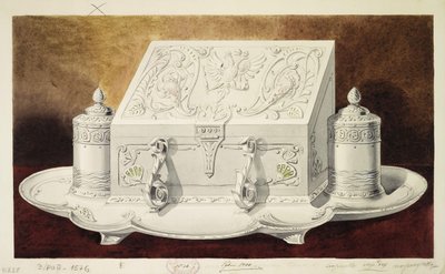 Design af en blækstand formet som en kiste. Serie Storprinsesse Maria Pavlovnas medgift, 1 af Carl Edvard Bolin company