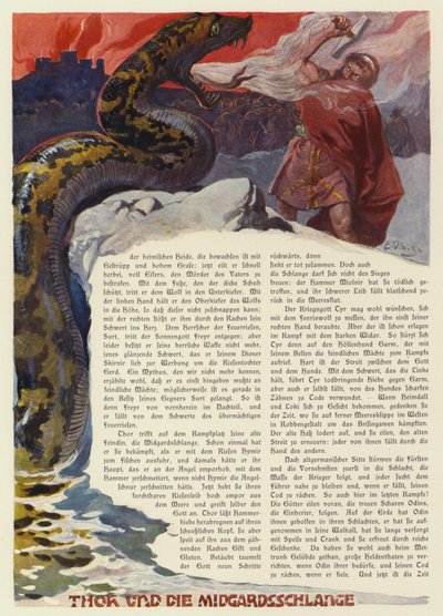 Thor kæmper mod Midgårdsormen i slaget ved Ragnarok (farve litho) af Carl Emil Doepler