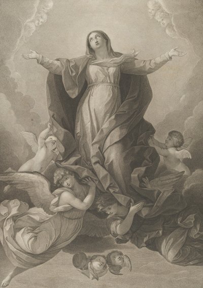 Jomfruens antagelse, der rejser sig med udstrakte arme, engle, der støtter hende fra..., 1792. af Carl Ernst Christoph Hess