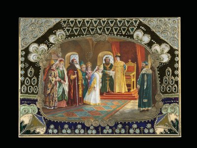 Detail of the painted cartouche from a table box, depicting Tsar Alexei Mikhailovich choosing a bride, c.1908-1917dani af Carl Fabergé