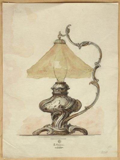 Tegning af en sølvbordslampe med en snoet riflet krop i rokokostil, House of Carl Faberge af Carl Fabergé