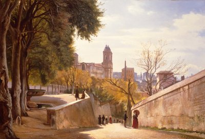 Udsigt over Viale Trinità dei Monti med Villa Medicis springvand, set fra Via di San Sebastianello, Rom af Carl Frederick Aagaard
