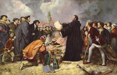 Martin Luther brænder den pavelige tyr i 1520 (farve litho) af Carl Friedrich (after) Lessing