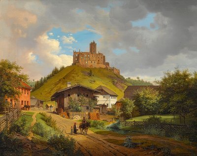 Hilgartsberg slotsruiner og udsigt over Hofmark ved Donau. 1829 af Carl Friedrich Heinzmann