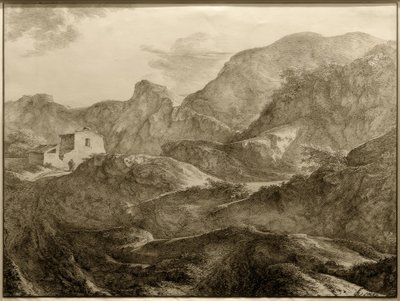 Bjerglandskab, til venstre et hus med en vandrer foran det af Carl Friedrich von Rumohr