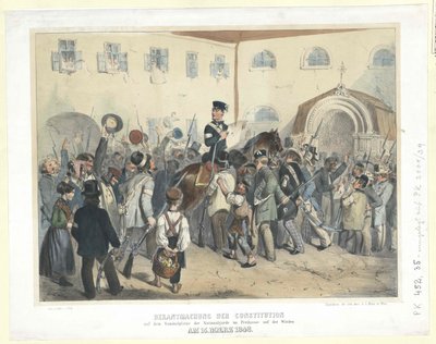Proklamation af forfatningen på nationalgardens mødested i Freihaus (det frie hus) på Wieden den 15. marts 1848 (farvelitografi) af Carl Goebel